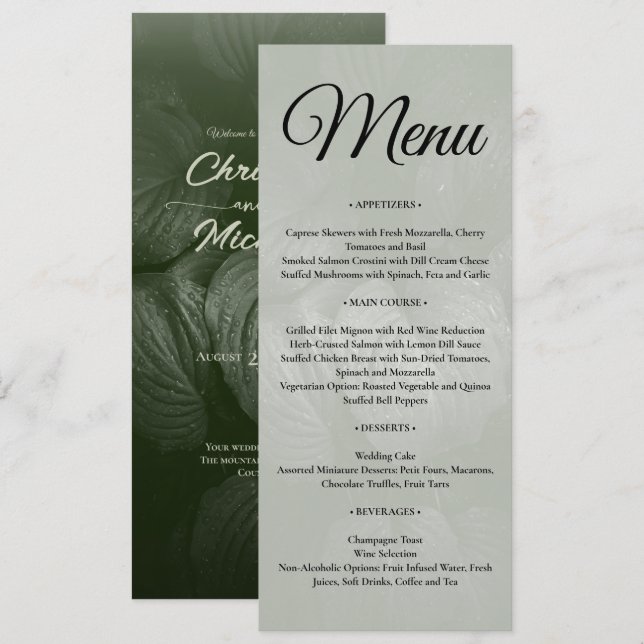 Menu Casamento da primavera elegante de folha verde (Frente/Verso)