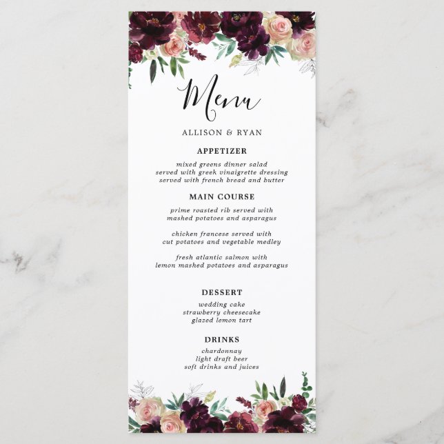 Menu Casamento das Flores de Borgonha Elegante (Frente)