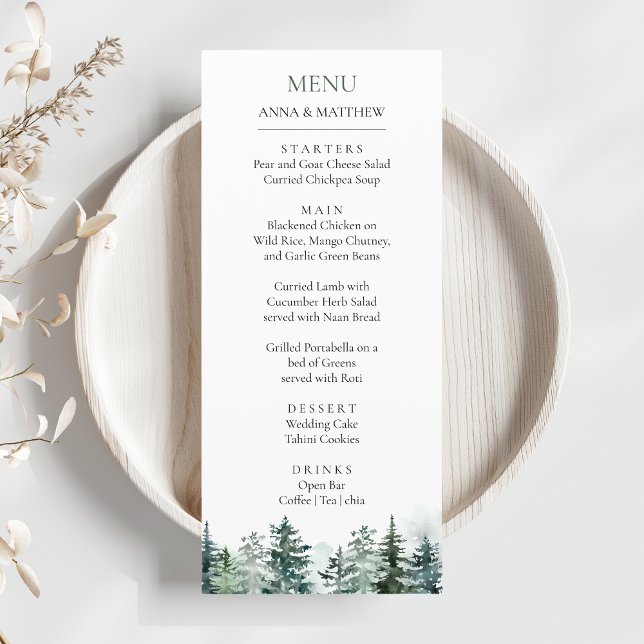 Menu Casamento das Montanhas de Aquarela da Floresta Pi (Pine Tree Forest Mountains Rustic Wedding Menu)