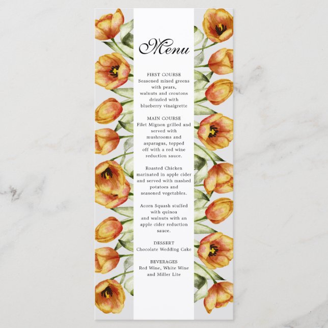 Menu casamento das tulipas laranja primavera de aquarel (Frente)