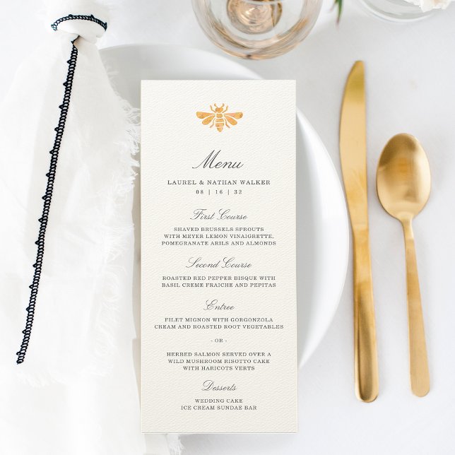 Menu Casamento de Abelhas de Ouro Watercolor (Criador carregado)