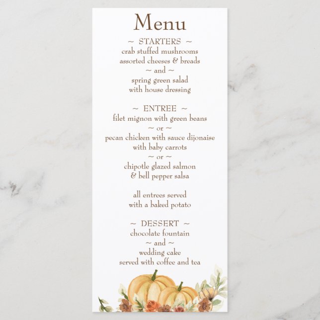 Menu Casamento de Abóbora Aquarela Rústica com Endereço (Frente)