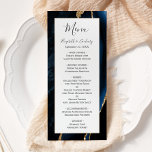 Menu Casamento de Agata Azul Dourada do Marinho Moderno<br><div class="desc">Este elegante e moderno menu de casamento mostra um marinho azul de aquarela com o fundo de agata aparado com brilho dourado. O texto aparece em letras elegantes de cinza de carvão vegetal e fontes de impressão em um retângulo branco. O design de ágata é repetido no reverso.</div>