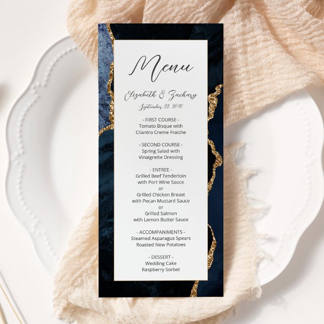 Menu Casamento de Agata Azul Dourada do Marinho Moderno (Criador carregado)