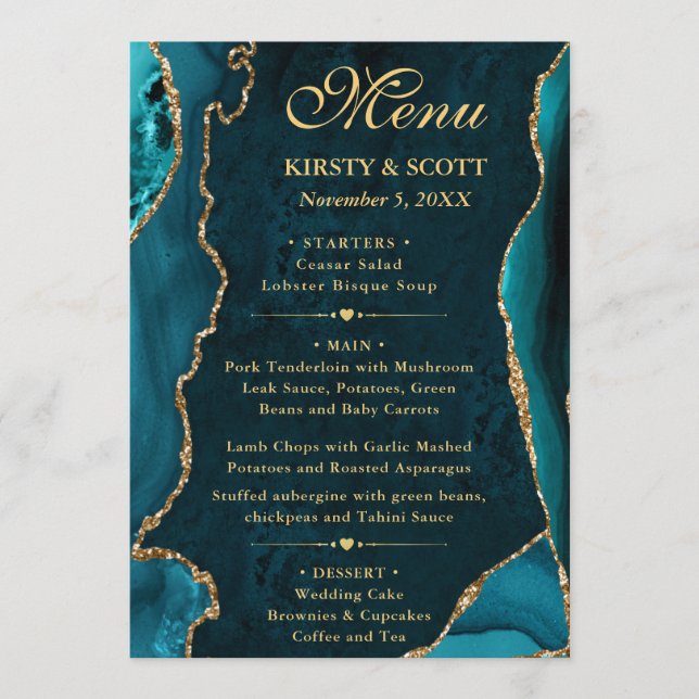Menu Casamento de Ágata Brilhante Azul Turquesa e Doura (Frente)