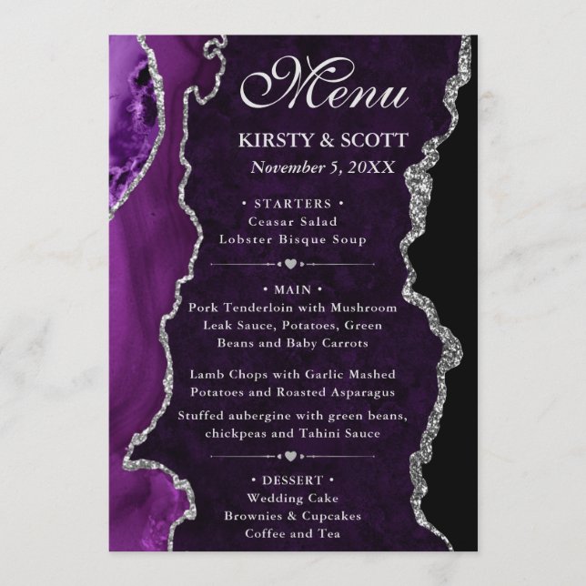 Menu Casamento de Ágata Brilhante Falsa Roxa e Prata (Frente)