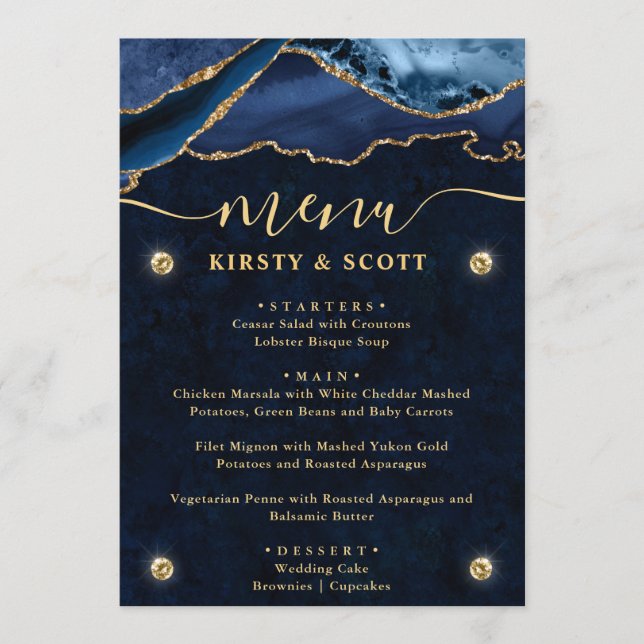 Menu Casamento de Ágata Falsa Brilhante Azul e Dourado  (Frente)