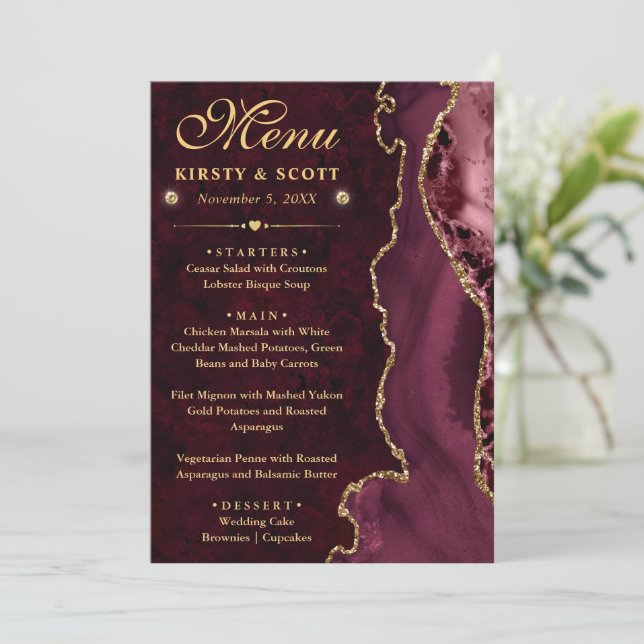 Menu Casamento de Ágata Falsa Brilhante Vermelha e Dour (Em pé/Frente)