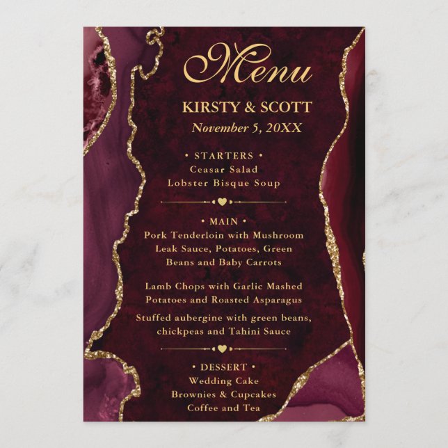 Menu Casamento de Ágata Falsa Brilhante Vermelho e Dour (Frente)