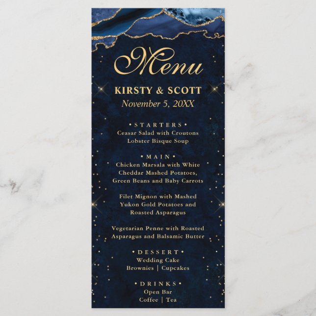 Menu Casamento de Ágata Falsa Brilho Azul e Dourado Ele (Frente)