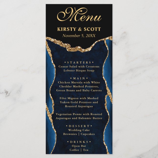 Menu Casamento de Ágata Falsa Brilho Azul e Dourado Ele (Frente)