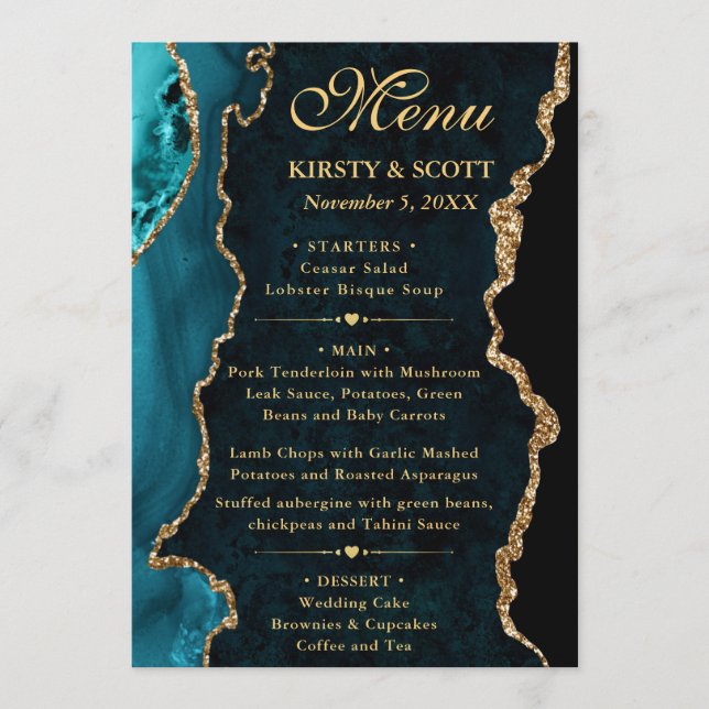Menu Casamento de Ágata Falsa Brilho Verde e Dourado (Frente)