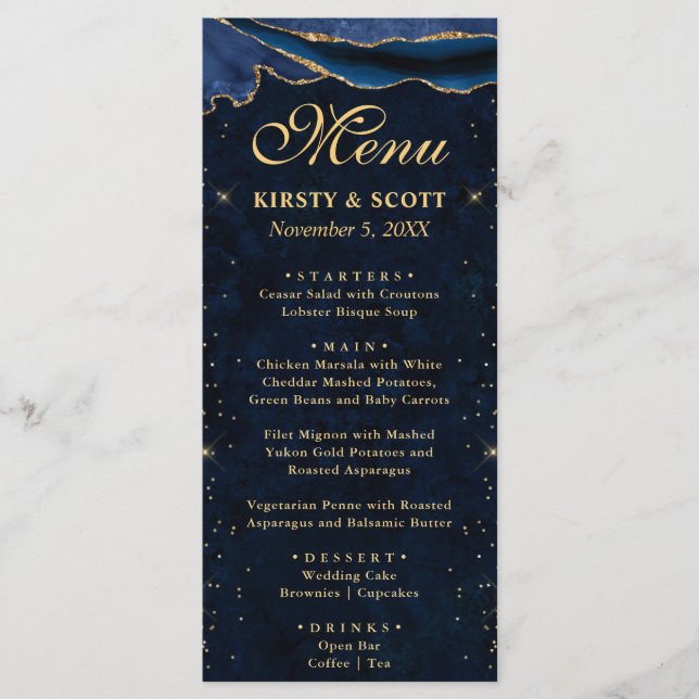 Menu Casamento de Ágata Falso Brilho Azul e Dourado Ele (Frente)
