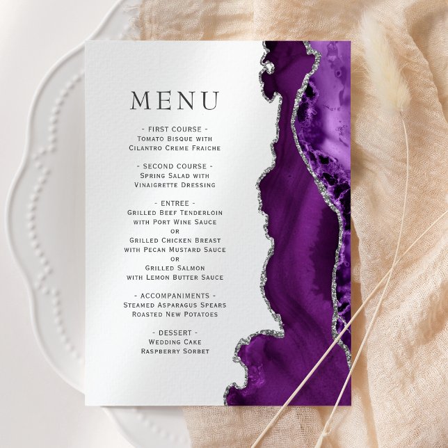Menu Casamento de Ágata Prata Roxo Elegante (Criador carregado)