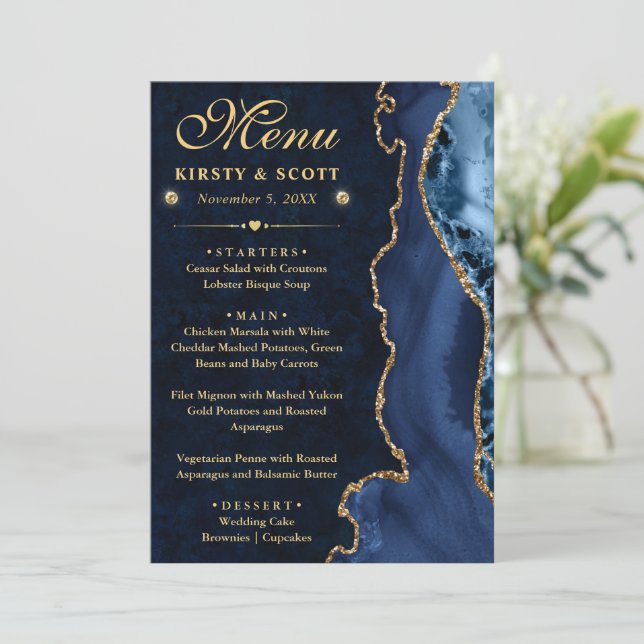 Menu Casamento de Agitação de Faux e Glitter Azul Elega (Em pé/Frente)