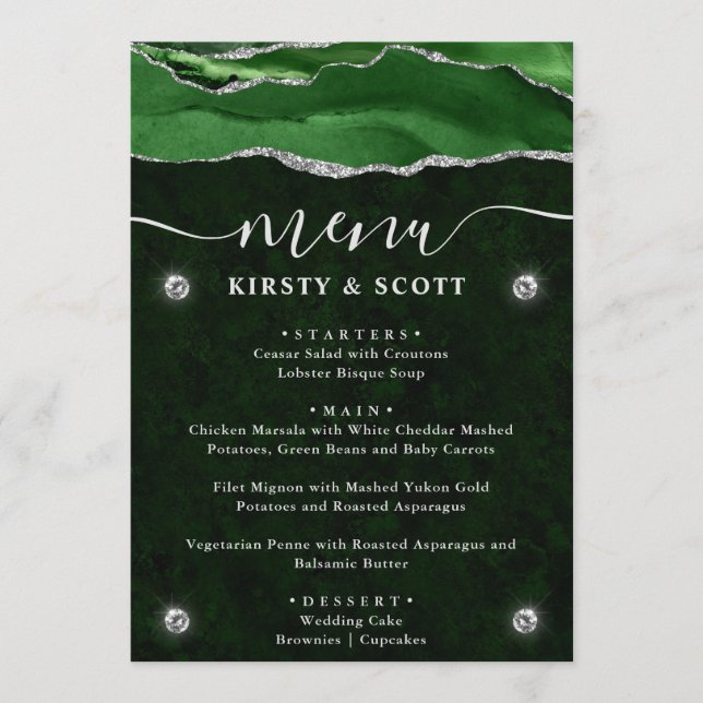 Menu Casamento de Agitação Verde e Silver Faux (Frente)