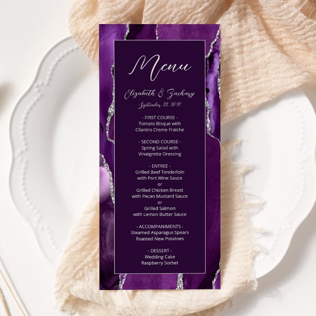Menu Casamento de Ameixa de Ágata Prata Roxo Moderno (Criador carregado)