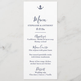 Menu Casamento de Âncora Azul Marinho Náutico Monograma