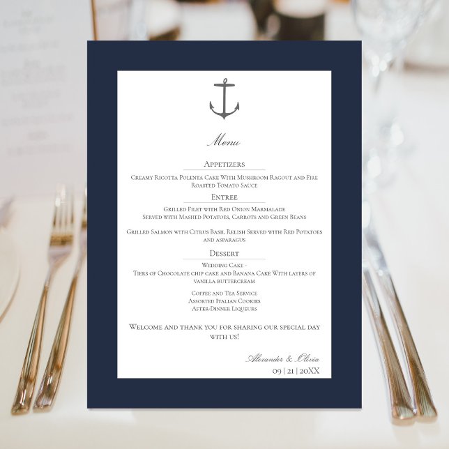 Menu Casamento de Âncora Náutica Simples | Azul Marinho (Navy Simple Nautical Anchor Wedding Menu)