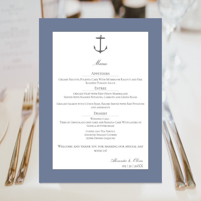 Menu Casamento de Âncora Náutica Simples | Azul poeiren (Dusty Blue Simple Nautical Anchor Wedding Menu)