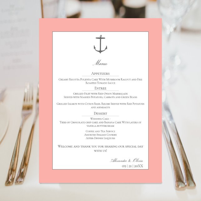 Menu Casamento de Âncora Náutica Simples | Coral (Coral Simple Nautical Anchor Wedding Menu)