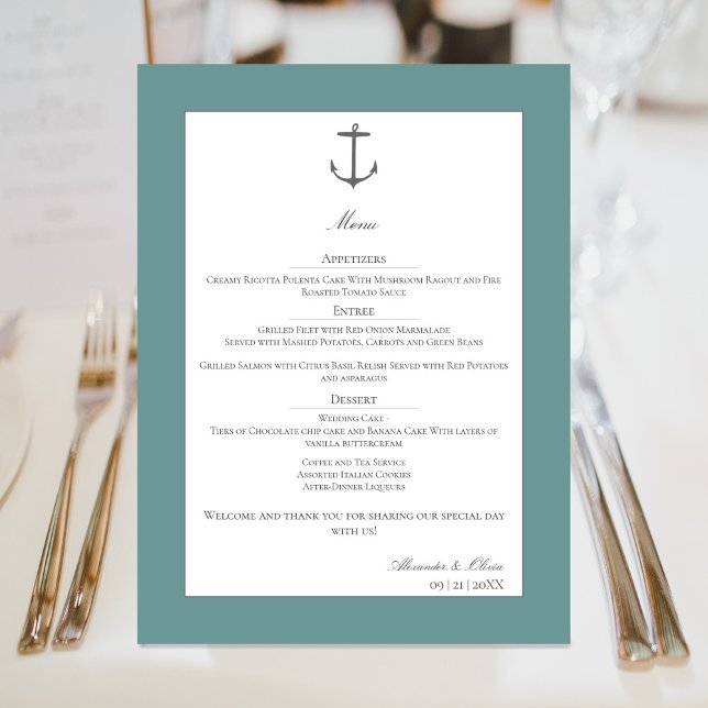 Menu Casamento de Âncora Náutica Simples | Teal (Teal Simple Nautical Anchor Wedding Menu)
