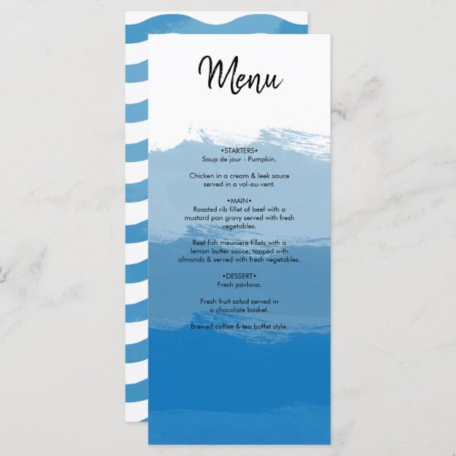 Menu Casamento de Aquarela Azul de Praia (Frente/Verso)