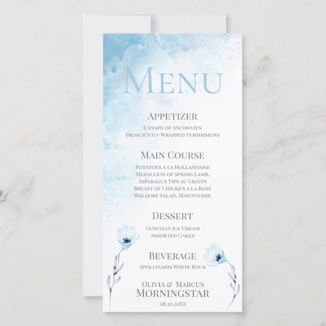 Menu Casamento de Aquarela Azul Pálido Anêmona (Frente)