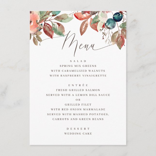 Menu Casamento de Aquarela de Folhagem de Outono | Folh (Frente)
