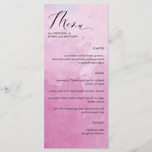 Menu Casamento de Aquarela de Matizes Rosa Elegant (Frente)