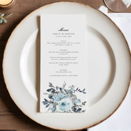 Menu Casamento de Aquarela Floral Azul Elegante