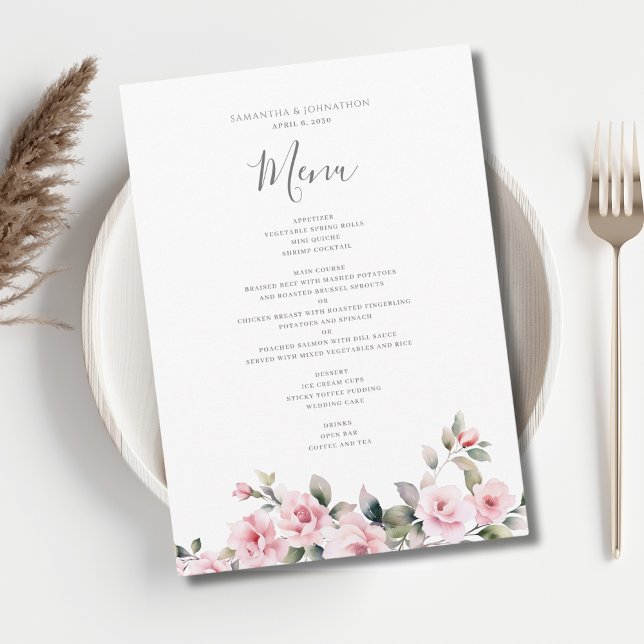 Menu Casamento de Aquarela Floral Rosa Elegante (Criador carregado)