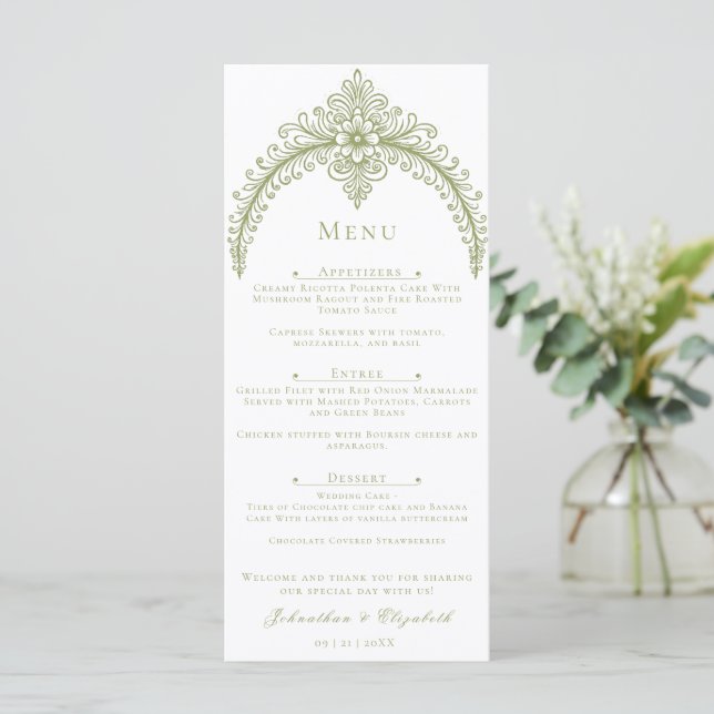 Menu Casamento de Arca Flourish Francesa Verde Oleícola (Em pé/Frente)
