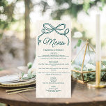 Menu Casamento de Arco de Fita com Teal Retro Desenhado<br><div class="desc">Design de casamento retrógrado,  desenhado à mão,  em palha escura,  com arco de fita emparelhado com fontes serif manuscritas e vintage no fundo do papel antigo.</div>