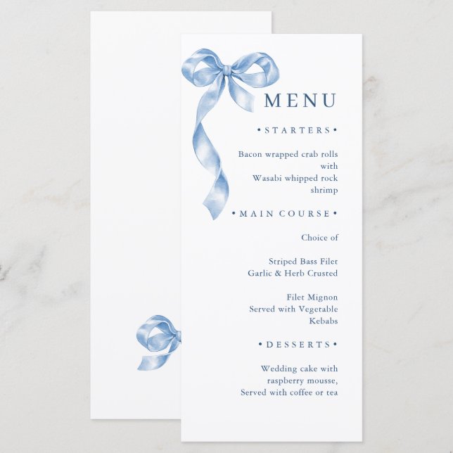 Menu Casamento de Arco de Mão Azul Elegante Dusty (Frente/Verso)