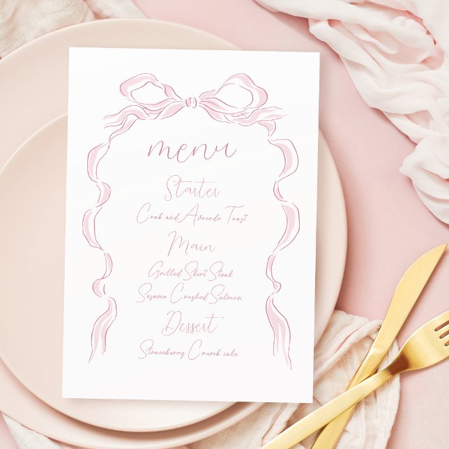 Menu Casamento de Arco Redesenhado à Mão Elegante Paste (Elegant Pastel Pink Hand Drawn Bow Wedding Menu)