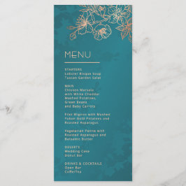 Menu Casamento de Arte de Linha Floral Dourado Rosa Tea