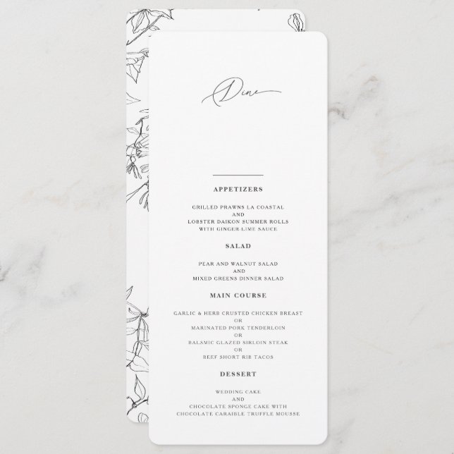 Menu Casamento de Arte de Linha Floral Moderna Elegante (Frente/Verso)
