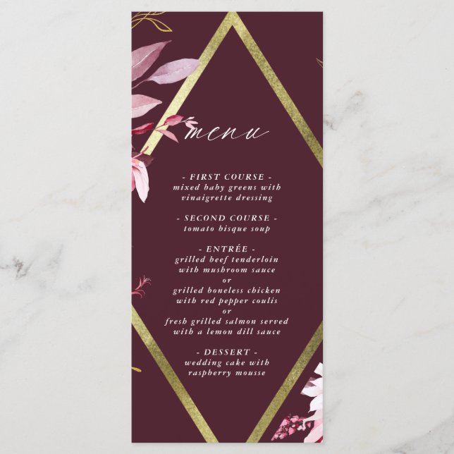 Menu Casamento de Autumn Romance Dourado Frame Burgundy (Frente)