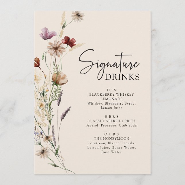 Menu Casamento de Bebidas de Flor Silvestre Boho (Frente)