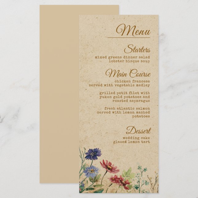 Menu Casamento de Beige Border Rustic Boho Wildflower (Frente/Verso)