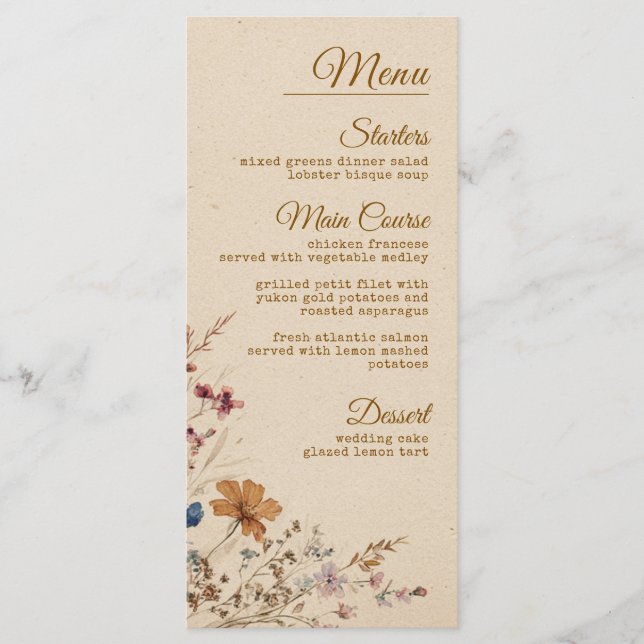 Menu Casamento de Beige Border Rustic Boho Wildflower (Frente)