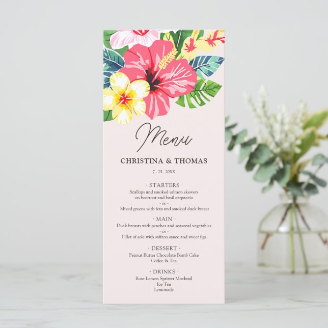Menu Casamento de Blush Tropical de Hibiscus Floral de  (Em pé/Frente)
