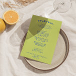 Menu Casamento de Boho Moderno com Brilho Colorido<br><div class="desc">Um retro fedorento,  moderno e brilhante menu de janto de casamento. Que apresenta modelo de chic design de boho vintage fundo verde pálido e tipografia azul e menu escrito à mão em azul. E fundo verde brilhante. Perfeito e compatível com toda a suíte.</div>