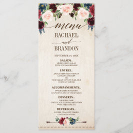 Menu Casamento de Boho País Russo Floral Marinho Burgun