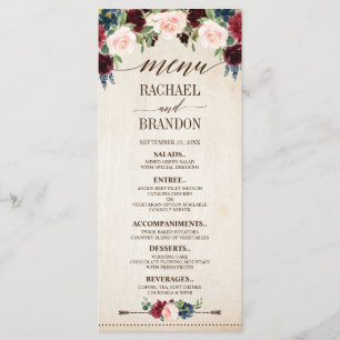 Menu Casamento de Boho País Russo Floral Marinho Burgun