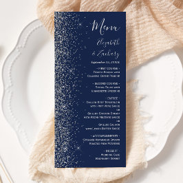 Menu Casamento de Borda Glitter Azul de Prata Marinho M