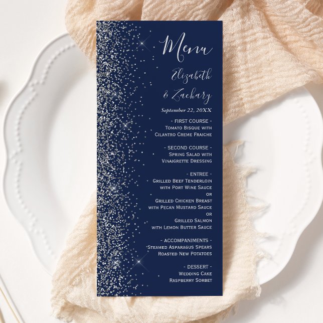 Menu Casamento de Borda Glitter Azul de Prata Marinho M (Criador carregado)