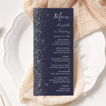 Menu Casamento de Borda Glitter Azul-Escuro Moderno<br><div class="desc">A borda esquerda deste elegante cardápio moderno de casamento apresenta um design de cintilação. O texto personalizável combina a escrita manual de cinzas prateadas,  fontes copperplate e itálico em um fundo azul escuro de marinho. O verso apresenta um design brilhante azul escuro e prateado.</div>
