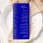 Menu Casamento de Borda Glitter Azul Real Moderno<br><div class="desc">A borda esquerda deste elegante cardápio moderno de casamento apresenta um design de cintilação. O texto personalizável combina manuscrito branco,  fontes em copperplate e itálico em um fundo azul real. O verso apresenta um design brilhante real e prateado.</div>